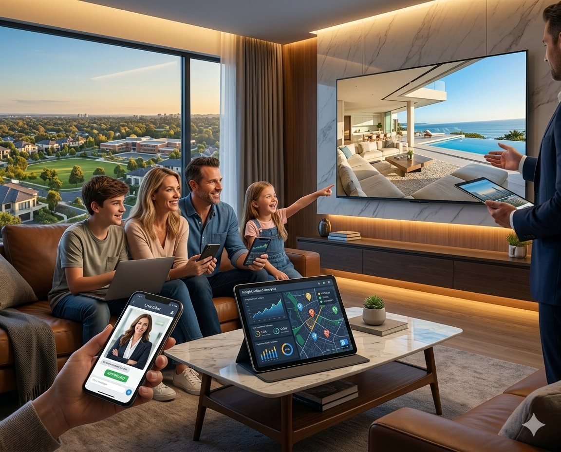 A family browsing property media at home